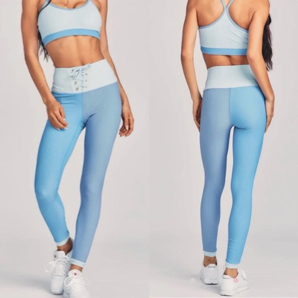 LoveShackFancy x Beach Riot Riley Blue Ribbed Lace Up Legging XL - Picture 1 of 16